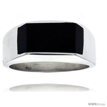 Size 9 - Gent&#39;s Sterling Silver Slim Rectangular Black Obsidian  - £47.21 GBP