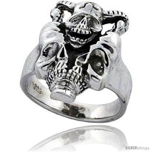 Size 8 - Sterling Silver Gothic Biker Horned Skull Ring 7/8 in  - £47.00 GBP