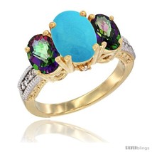 Size 9.5 - 10K Yellow Gold Ladies 3-Stone Oval Natural Turquoise Ring with  - £524.07 GBP