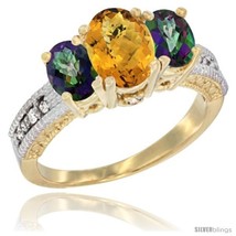 Size 5.5 - 10K Yellow Gold Ladies Oval Natural Whisky Quartz 3-Stone Ring with  - £429.83 GBP