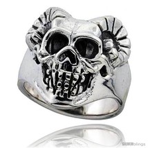 Size 13.5 - Sterling Silver Skull Ring w/ Horns 1 in  - £110.42 GBP