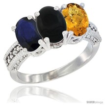 Size 8 - 14K White Gold Natural Blue Sapphire, Black Onyx &amp; Whisky Quartz Ring  - £607.32 GBP