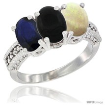 Size 5 - 14K White Gold Natural Blue Sapphire, Black Onyx &amp; Opal Ring 3-Stone  - £608.68 GBP