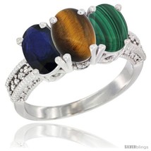 Size 6.5 - 14K White Gold Natural Blue Sapphire, Tiger Eye &amp; Malachite Ring  - £598.21 GBP