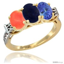 Size 8.5 - 10K Yellow Gold Natural Coral, Lapis &amp; Tanzanite Ring 3-Stone Oval  - £425.61 GBP