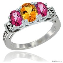 Size 7 - 14K White Gold Natural Citrine &amp; Pink Topaz Ring 3-Stone Oval with  - £576.02 GBP