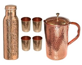 Copper Water Drinking Bottle Hammered Pitcher Jug Tumbler Glass 1500ML Set Of 6 - £53.14 GBP