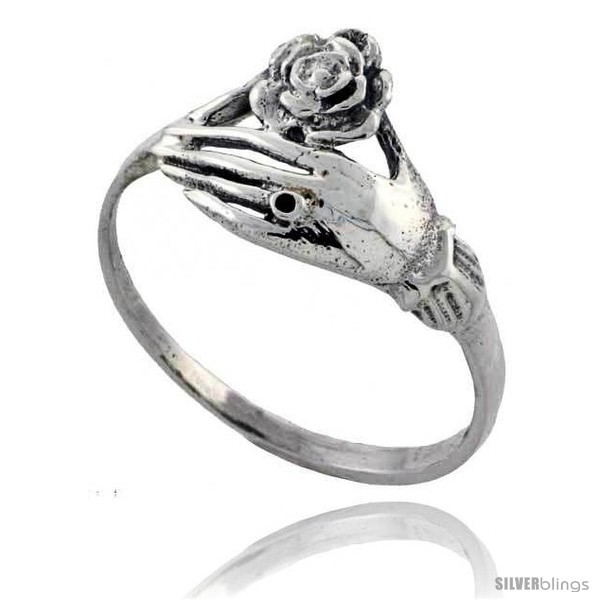 An item in the Jewelry & Watches category: Size 8 - Sterling Silver Hand Holding Flower Ring 7/16 in 