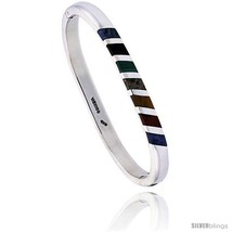 Sterling Silver Multi Color Stone Inlay Striped Bangle Bracelet Handmade... - £172.55 GBP