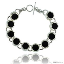 Sterling Silver Round Black Obsidian Stone Link 7.5 Bracelet w/ Toggle Type  - £163.37 GBP