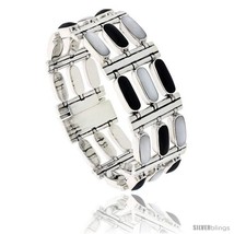 Sterling Silver Rectangular Bar Bracelet Three Row Alternating Black Resin and  - £341.24 GBP