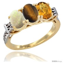 Size 6 - 10K Yellow Gold Natural Opal, Tiger Eye &amp; Whisky Quartz Ring 3-Stone  - £430.65 GBP