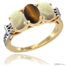 Size 10 - 10K Yellow Gold Natural Tiger Eye &amp; Opal Sides Ring 3-Stone Oval 7x5  - £429.94 GBP