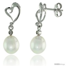 10k White Gold Heart Cut Out &amp; Pearl Earrings, w/ Brilliant Cut Diamonds, 1 in.  - £261.56 GBP