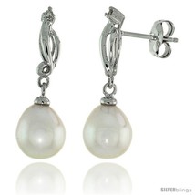 10k White Gold Swirl &amp; Pearl Earrings, w/ 0.03 Carat Brilliant Cut Diamonds, 1  - £280.18 GBP