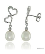 10k White Gold Double Heart Cut Out &amp; Pearl Earrings, w/ Brilliant Cut  - £270.59 GBP
