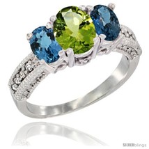 Size 5.5 - 14k White Gold Ladies Oval Natural Peridot 3-Stone Ring with London  - £566.27 GBP