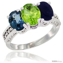 Size 7 - 14K White Gold Natural London Blue Topaz, Peridot &amp; Lapis Ring 3-Stone  - £572.44 GBP