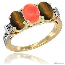 Size 7 - 10K Yellow Gold Natural Coral &amp; Tiger Eye Sides Ring 3-Stone Oval 7x5  - £422.56 GBP