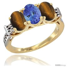 Size 5.5 - 10K Yellow Gold Natural Tanzanite &amp; Tiger Eye Sides Ring 3-Stone  - £462.12 GBP