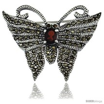 Sterling Silver Marcasite Butterfly Brooch Pin w/ Oval Cut Garnet Stone,... - $81.12