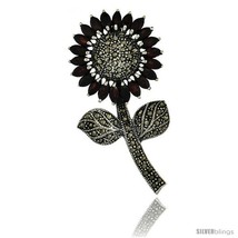 Sterling Silver Marcasite Large Sunflower Brooch Pin w/ Marquise Cut Gar... - $134.94