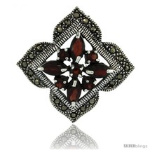 Sterling Silver Marcasite Clover Brooch Pin w/ Round & Marquise Cut Garnet  - £75.42 GBP