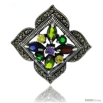 Sterling Silver Marcasite Clover Brooch Pin w/ Round &amp; Marquise Cut Multi  - £75.42 GBP