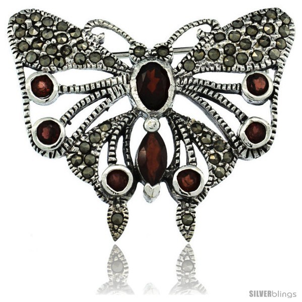 Sterling Silver Marcasite Butterfly Brooch Pin w/ Round, Oval & Marquise Cut  - £67.94 GBP