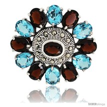 Sterling Silver Marcasite Large Flower Brooch Pin w/ Oval Cut Garnet &amp; B... - £124.33 GBP