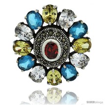 Sterling Silver Marcasite Large Flower Brooch Pin w/ Oval Cut Multi Color  - £124.33 GBP
