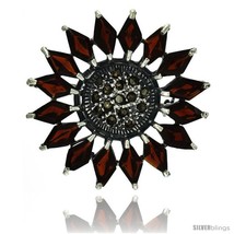 Sterling Silver Marcasite Flower Brooch Pin w/ Diamond Shape Garnet Stones, 1  - £75.42 GBP