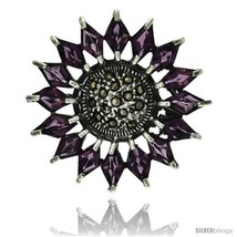 Sterling Silver Marcasite Flower Brooch Pin w/ Diamond Shape Amethyst Stones, 1  - £75.42 GBP