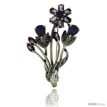 Sterling Silver Marcasite Flower Cluster Brooch Pin w/ Round, Pear, Oval &  - £102.21 GBP