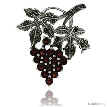 Sterling Silver Marcasite Grape Cluster Brooch Pin w/ Round Garnet Stones, 1  - $65.52