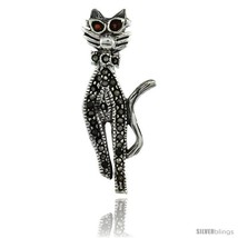 Sterling Silver Marcasite Cool Cat Brooch Pin w/ Round Garnet Stones, 1 7/16 in  - £25.55 GBP