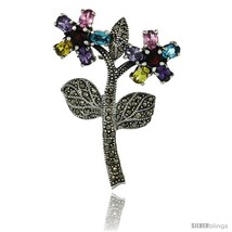 Sterling Silver Marcasite Double Flower Brooch Pin w/ Round &amp; Oval Cut M... - £81.43 GBP