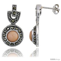 Marcasite Earrings in Sterling Silver, w/ Pink Mother of Pearl, 13/16in  (21 mm) - $43.87