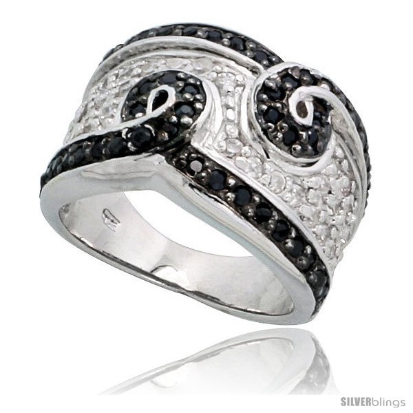 Size 6 - Sterling Silver Swirls Band w/ Black & White CZ Stones, 1/2in  (12mm)  - £89.43 GBP