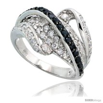 Size 9 - Sterling Silver Wave Ring w/ Black &amp; White CZ Stones, 9/16in  (... - £48.03 GBP