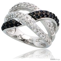 Size 6 - Sterling Silver Braided Ring w/ Black &amp; White CZ Stones, 1/2in ... - £69.09 GBP