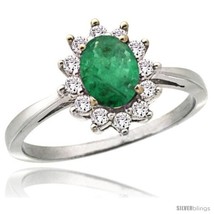 Size 7 - 14k White Gold Diamond Halo Emerald Ring 0.85 ct Oval Stone 7x5 mm,  - £706.79 GBP