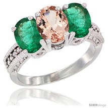 14k white gold natural morganite emerald sides ring 3 stone 7x5 mm oval diamond accent thumb200