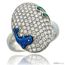 Size 7 - Sterling Silver Blue Dolphin on Oval Ring w/ Brilliant Cut CZ Stones,  - £54.35 GBP