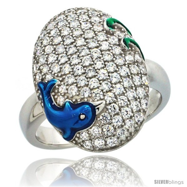 Size 6 - Sterling Silver Blue Dolphin on Oval Ring w/ Brilliant Cut CZ Stones,  - £53.38 GBP