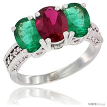 Size 8.5 - 14K White Gold Natural Ruby &amp; Emerald Sides Ring 3-Stone 7x5 mm Oval  - £646.87 GBP