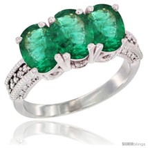 Size 10 - 14K White Gold Natural Emerald Ring 3-Stone 7x5 mm Oval Diamond  - £663.24 GBP