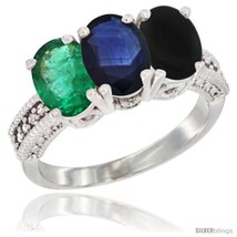 Size 5.5 - 14K White Gold Natural Emerald, Blue Sapphire &amp; Black Onyx Ring  - £641.68 GBP