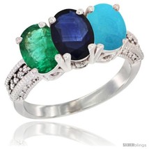 Size 5 - 14K White Gold Natural Emerald, Blue Sapphire &amp; Turquoise Ring 3-Stone  - £665.22 GBP