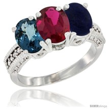 Size 6 - 14K White Gold Natural London Blue Topaz, Ruby &amp; Lapis Ring 3-Stone  - £557.81 GBP